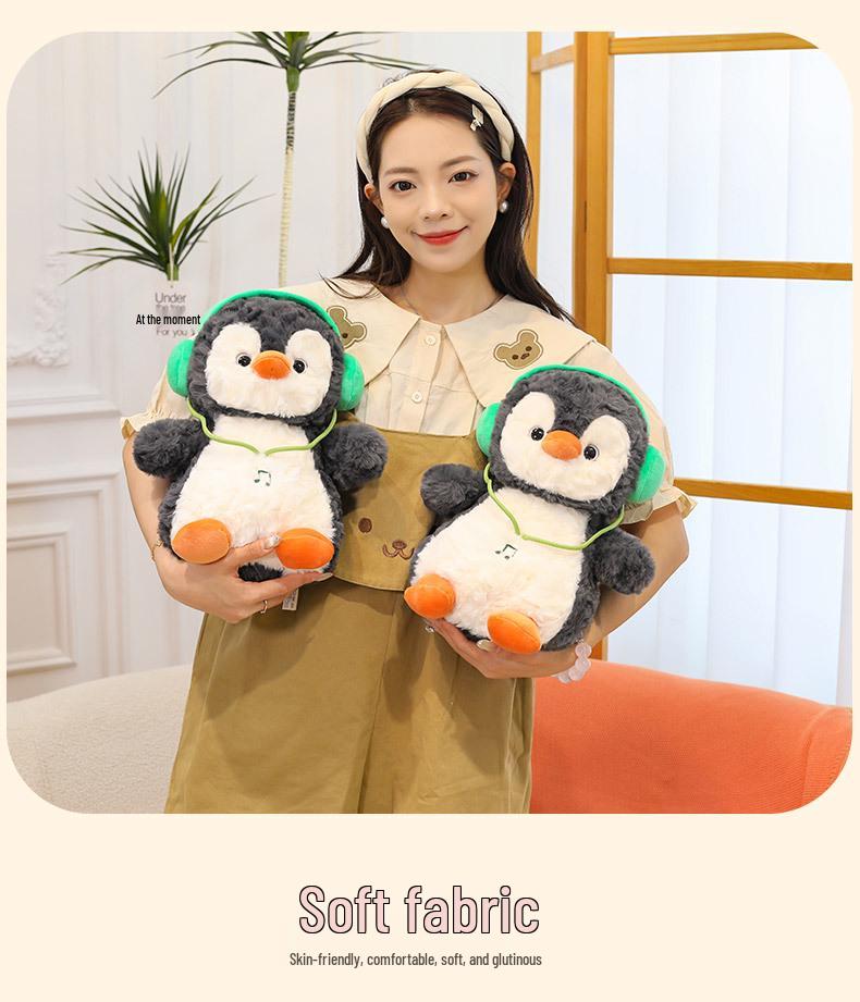 Chubby Penguin Plush Toy with Fun Headphones - Cute Cartoon Doll Gift for Girls