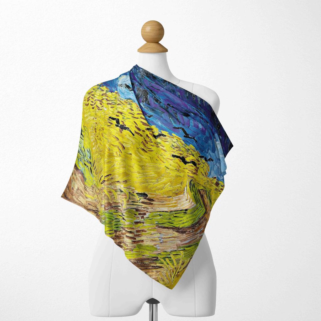 70CM*70CM Van Gogh Oil Painting Fashion Scarves for Women Print Silk Satin Hijab Scarf Female Luxury Brand Square Shawl Scarfs