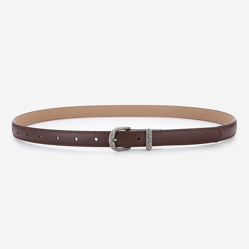 Elegant Women's Two-Layer Genuine Cowhide Leather Belt with Retro Silver Pin Buckle - Thin Decorative Accessory for Pants