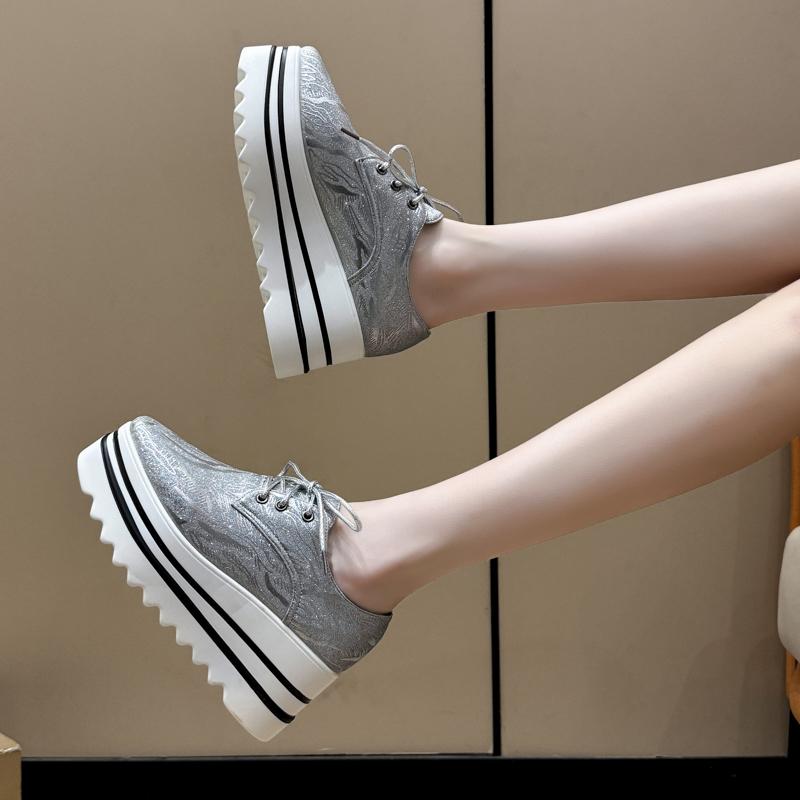 Platform Single Shoes Autumn New Round Toe Lace-Up Front Sequin Anti-Slide Heel Low-Top Women's Shoes