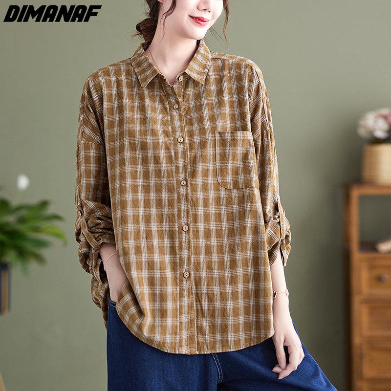 

DIMANAF 2023 Плюс Размер Весенняя блузка Повседневная рубашка с длинным рукавом Женщины Клетчатый принт Одежда с длинным рукавом Свободный
