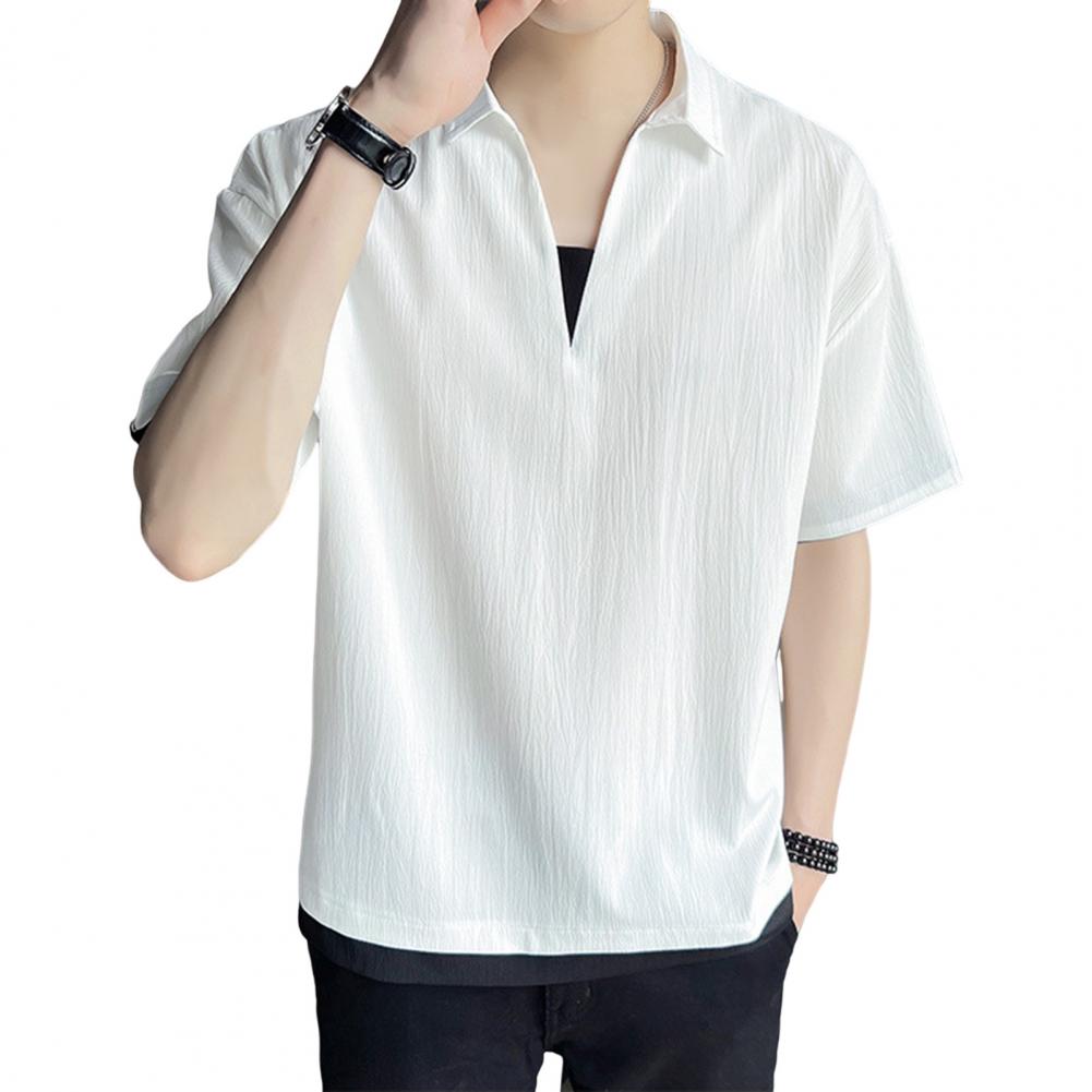 

Летняя мужская рубашка с V-образным вырезом и лацканами, однотонная, из искусственного шелка, с короткими рукавами, свободный пуловер, эластичная повседневная футболка Spo L белый