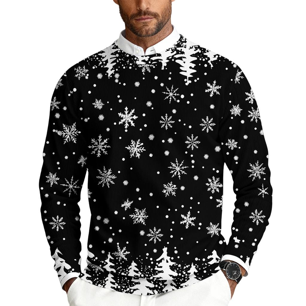 Men's Christmas Printed Crewneck Long Sleeve Ribbed Knit Pullover Sweater | Relaxed Fit Casual Business Knitwear For Holiday Parties & Daily Wear