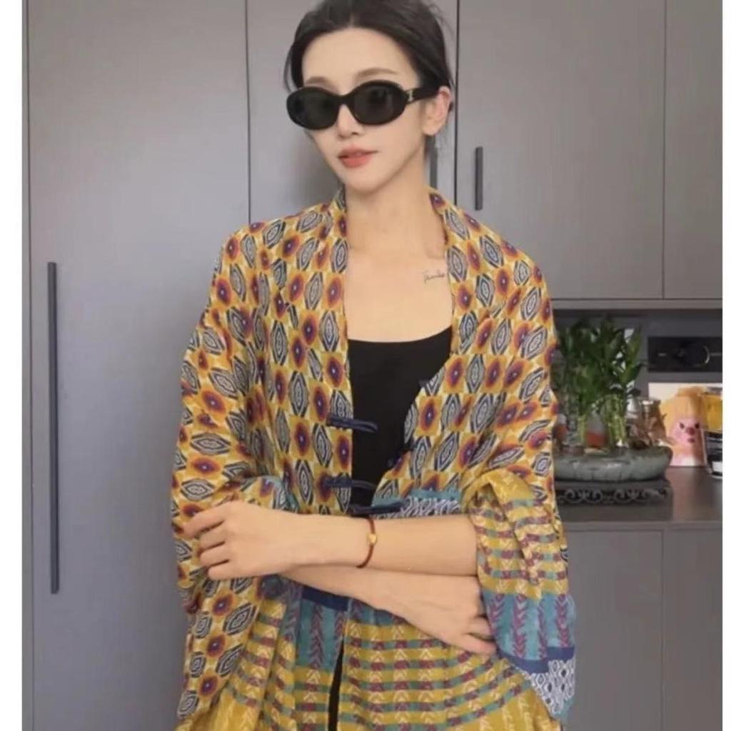 Women's Retro Ethnic Silk Scarf with Frog Button Shawl for Sun Protection