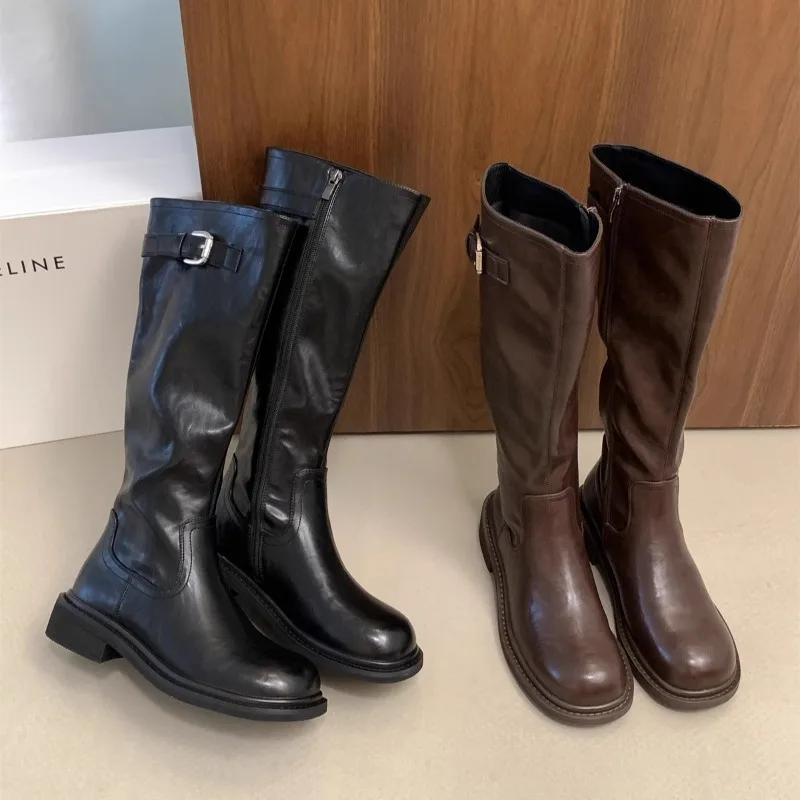 Mid-calf Square Heel Modern Boots Winter Round Toe Women's Shoes on Sale 2024 Low Heel Belt Buckle Concise Women's Boots