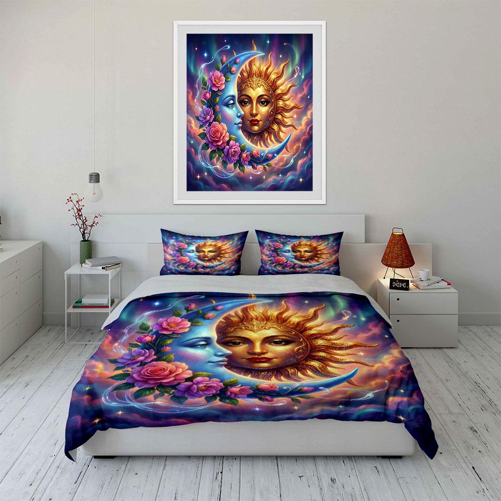 Sun and Moon with Floral Design Bedding Duvet Cover Set (1*Duvet Cover 2*Pillowcases, Without Duvet Insert)