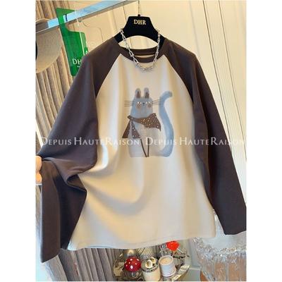 American Retro Brushed Thick Bottoming Shirt Age-reducing Cat Print Long-sleeved T-shirt Loose Top