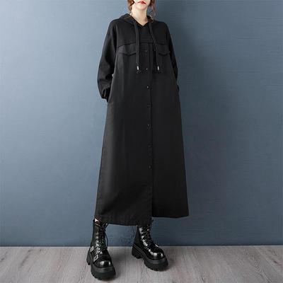 Langärmeliges Übergröße schwarzes Vintage Kapuzenkleid neu in Kleider für Frauen Frühling Herbst lässiges lockeres Kleid