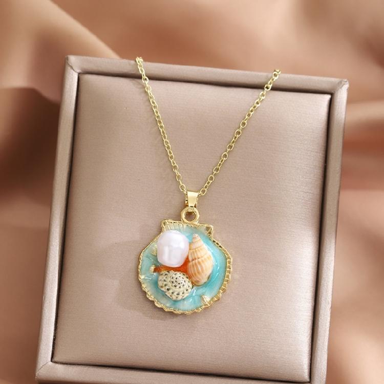 Elegant Oil Painting Bivalve Charm Necklace 10 Multicolored Artistic Designs Thin Metal Mixture Fashion Addition