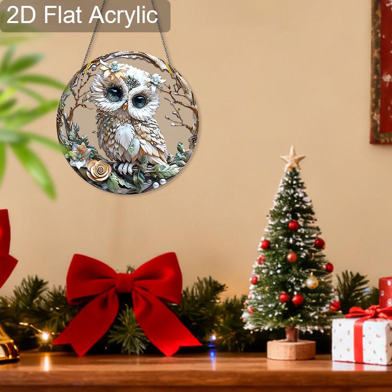 Acryl Weiße Eule Sonnenfänger Glasmalerei-Effekt Fensterhänge-Ornament Eulenliebhaber Weihnachtsgeschenke
