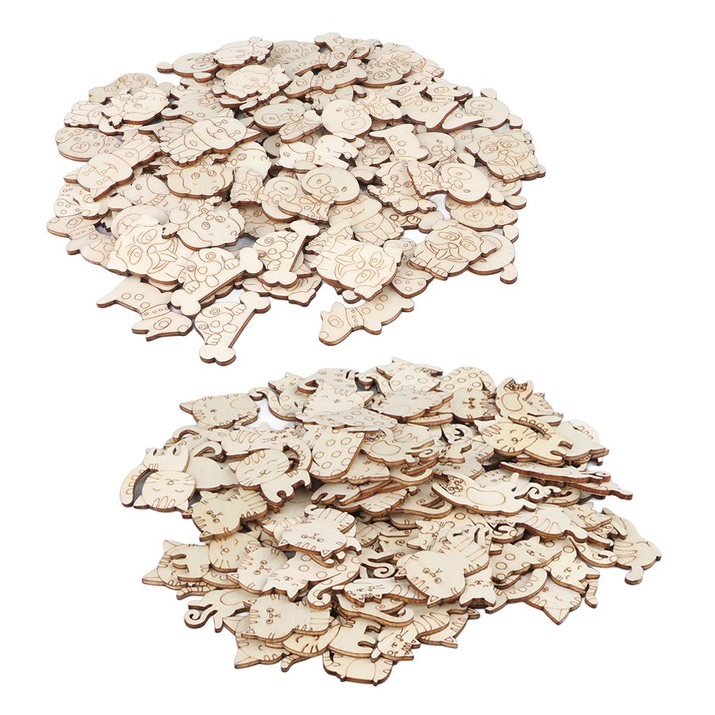 200pcs Unfinished Wooden Animal Chips DIY Innovative Empty Wooden Cat Dog Ornaments for Home
