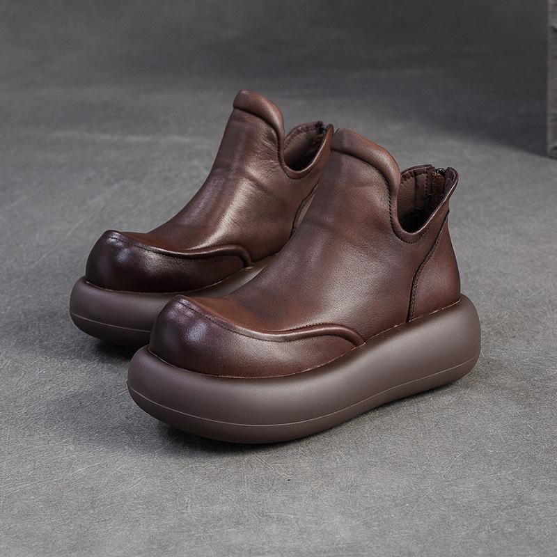 

Johnature Натуральная кожа Толстая подошва Ботильоны Ретро Круглый носок Увеличивающие рост Женские туфли на платформе 39 кофейный