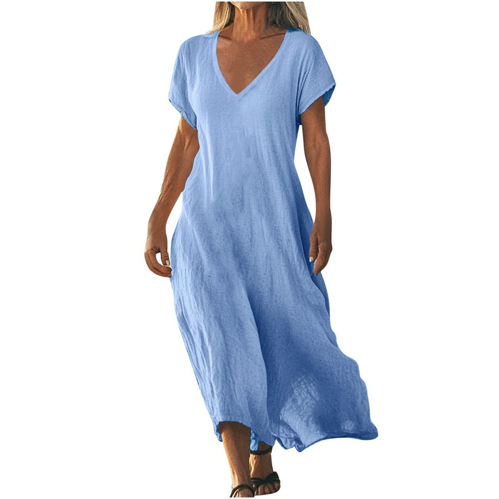 Fashion Women's Solid Color V-neck Long Dress Loose
