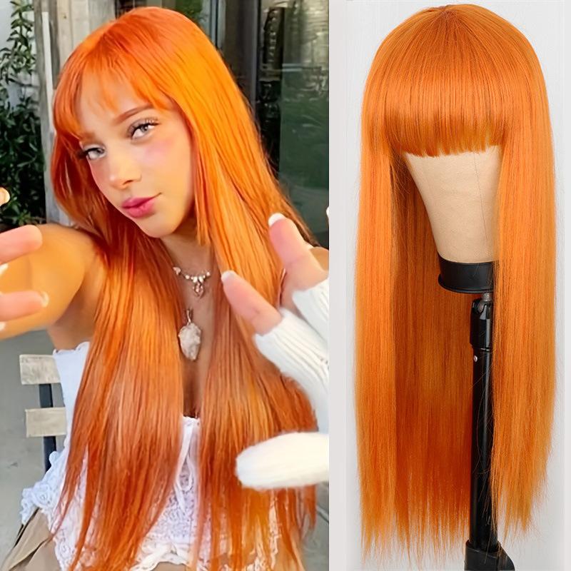 Orange lange gerade synthetische Perücke für Halloween-Party, Cosplay-Perücke, Alltagsperücke, Hochtemperatur-Haarseide-Perücken-Set