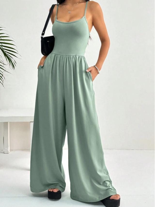 

Women s Solid Color Bodysuit and Wide-Leg Pants Jumpsuit Set M