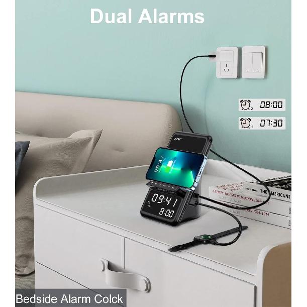 AFK Wireless Charging Station with Bluetooth Speaker and Alarm Clock,Wireless Charger Compatible with iPhone,Android Phones(Black)