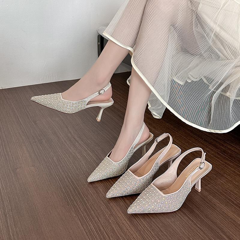 B813-ES83 Temperament 2025 spring and summer sequined bag head empty sandals fairy pointed thin heel high heel single shoes