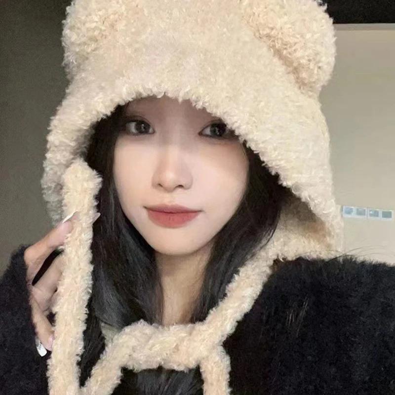 

Winter Plush Beanies Women Warm Bonnets Girls Cute Bear Ear Wool Hat Warm Lace-up Gorros Knitting Cap Korean Knitted Ear Muffs бежевый