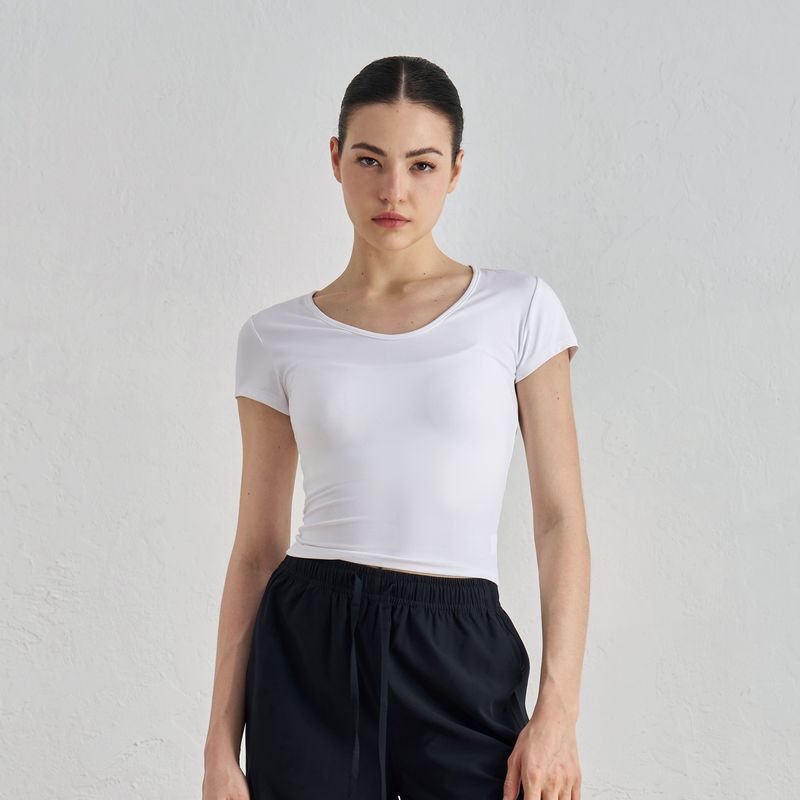

Summer Yoga T-shirt round Neck Short Sleeve Silm Waist Curve Fashion Minimalist Running Training Sports Tops White Size S