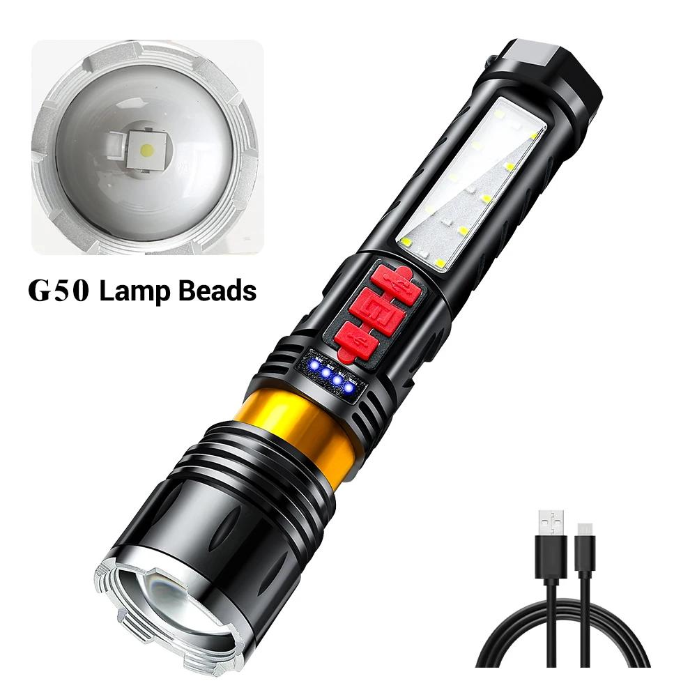 Multi-Functional LED Flashlight Strong Light Tactical Zoom Torch Built-in Battery USB Rechargeable Outdoor Emergency Lantern