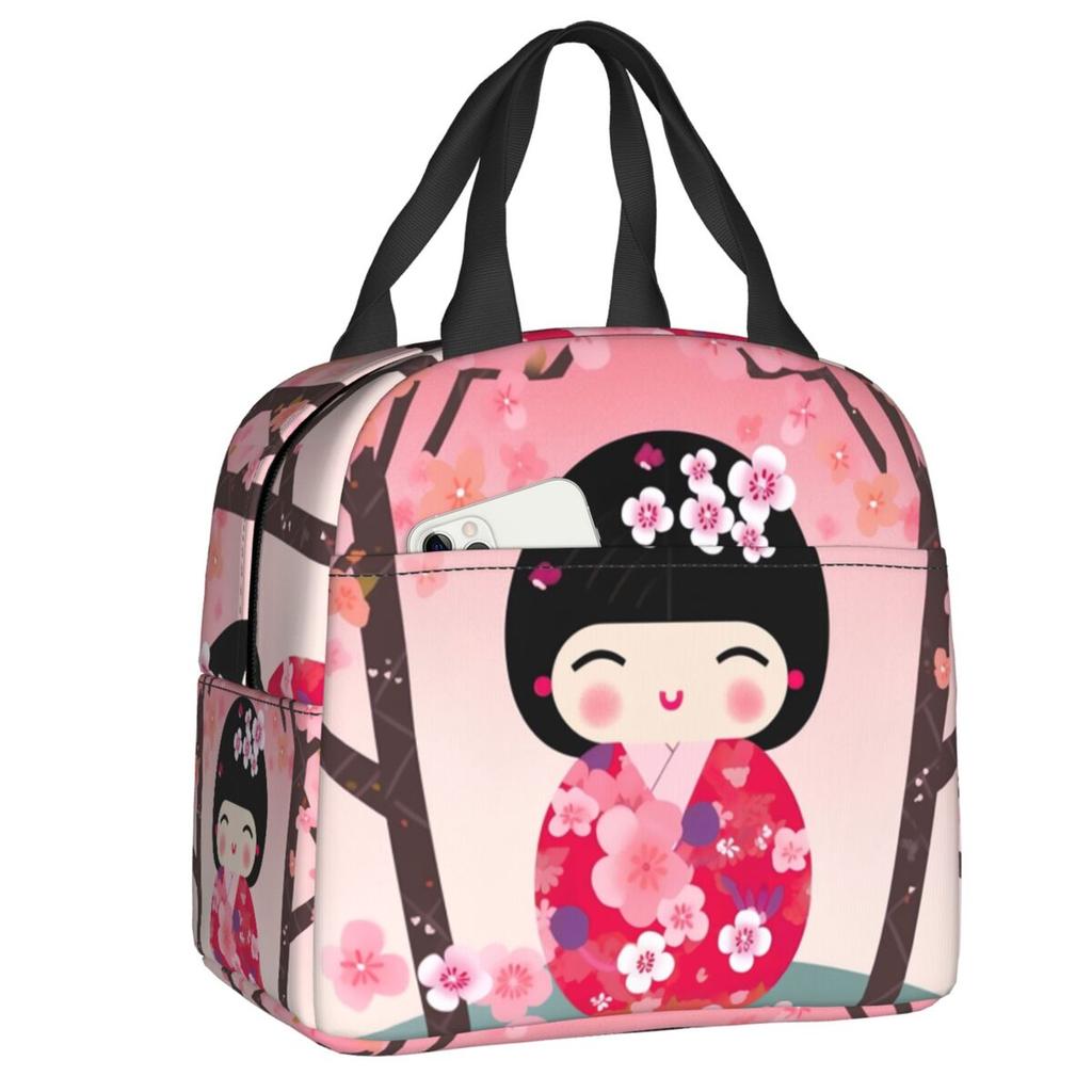 Custom Japanese Girl Sakura Kokeshi Doll Lunch Bag Men Women Warm Cooler Insulated Lunch Box for Kids School Children