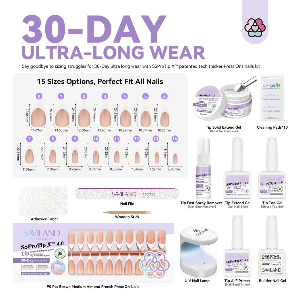 Saviland Nail Glue Gel Diamond Pink Nail Starter Gel Nail Fake Acrylic Thick UV Curing Nail Gel Fake Nail DIY Art Kit 4-in-1 Press-On Kit