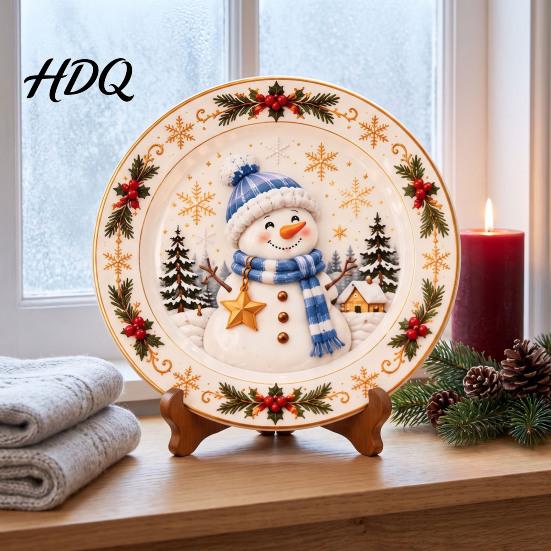 Winter Holiday Plate Wooden Christmas Round Plate Santa Snowman Stocking Tree Bell Sleigh Dish Table Centerpiece Decor Xmas Tabletop Ornament