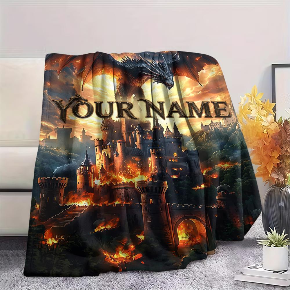 1PC Custom Name Dragon Castle Burn Patterned Flannel Blanket Suitable For All Seasons for Home Decor Warmth and Comfort Gifts Holiday Present_lx