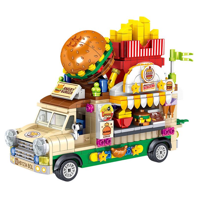 Retro Hamburger and Ice Cream Food Truck Building Block Set for Children