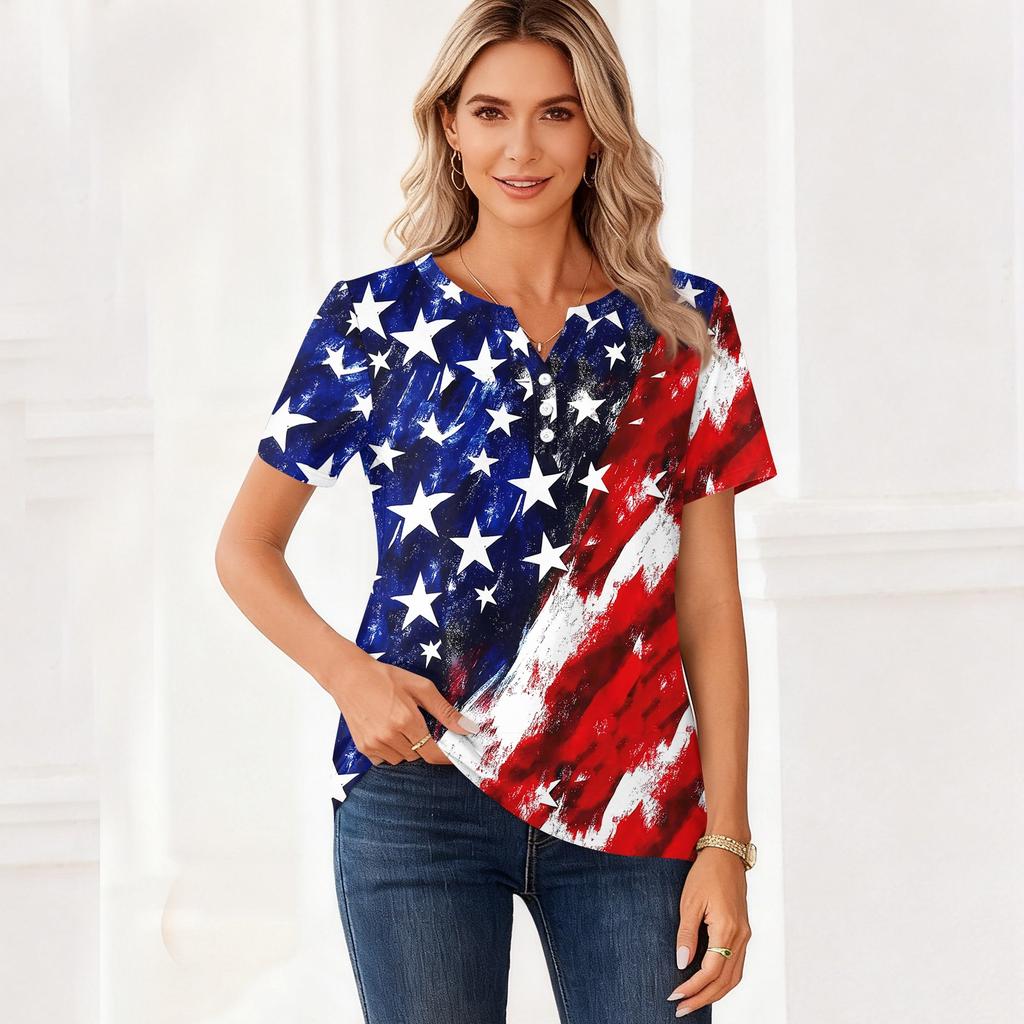 Women's T Shirt Independence Day Print Button Short Sleeve Daily Weekend Fashion Basic V- Neck Regular Top