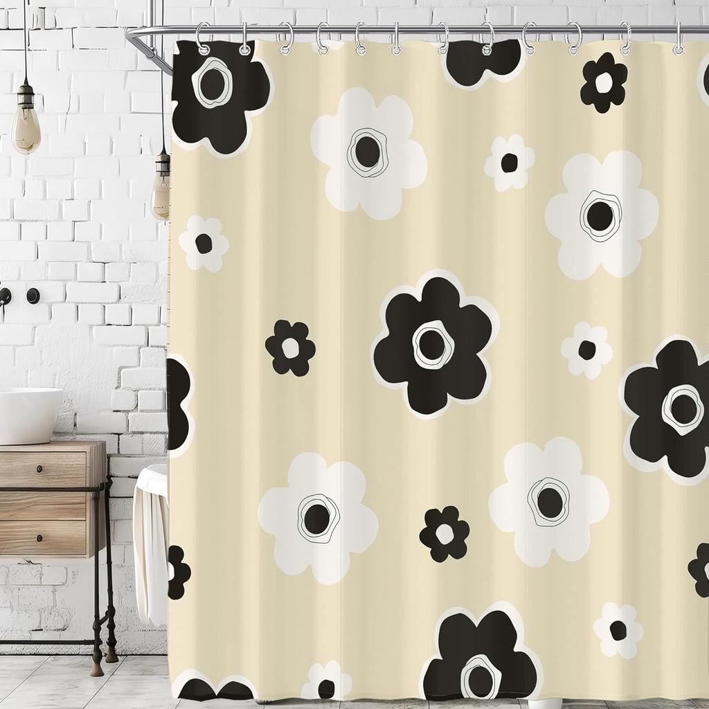 Tenda Doccia Floreale Astratta Carina Retrò Nera per Bagno Estetica Vintage Amabile Anni '70 Divertente Decorazione Vasca da Bagno