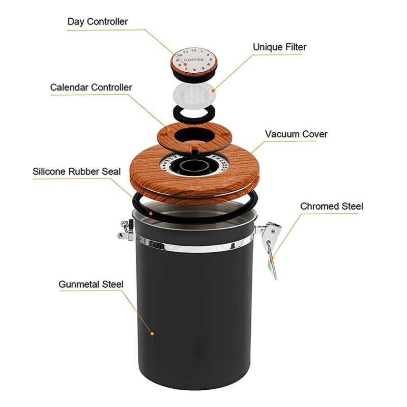 Stainless Steel Kitchen Coffee Canister Food Storage Jar with Date-Tracker and-Scoop for Grounds Coffee Sealing Can