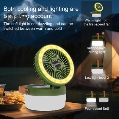 Ventilador Solar para Camping Modos de Luz Velocidad Ajustable Recargable por USB 2-En-1 Multiusos para Exterior Senderismo Tienda Colgante Lámpara Ventilador Linterna de Emergencia