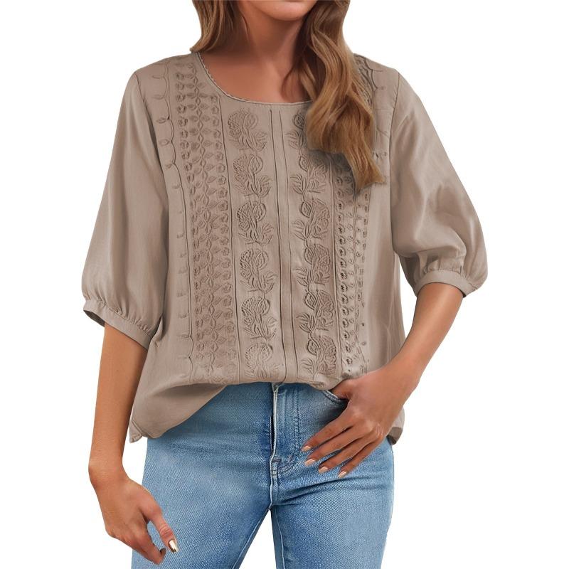 Summer Elegant Embroidery Loose Women Blouse Large Size Casual T-shirt Loose Simple Office Solid Color Fashion Elegant O Neck Sweet Shirts Clothing
