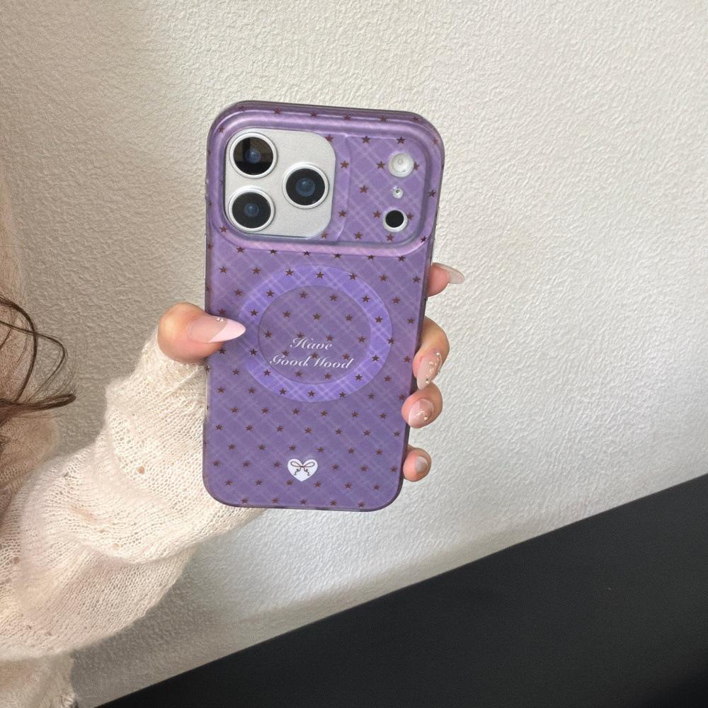 

Korean Style Purple Plaid Stars Magnetic Phone Case for iPhone 17 Pro Max/16 Premium, Female iPhone 16 Pro Max