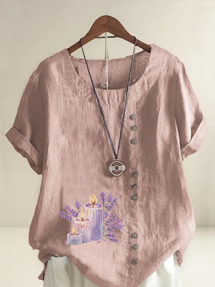

Women s Fashion Purple Flower Candle Print Round Neck Short Sleeve T-shirt Casual Cotton Linen Graphic Shirt Leisure Loose Summer Blouse Tops S розовый