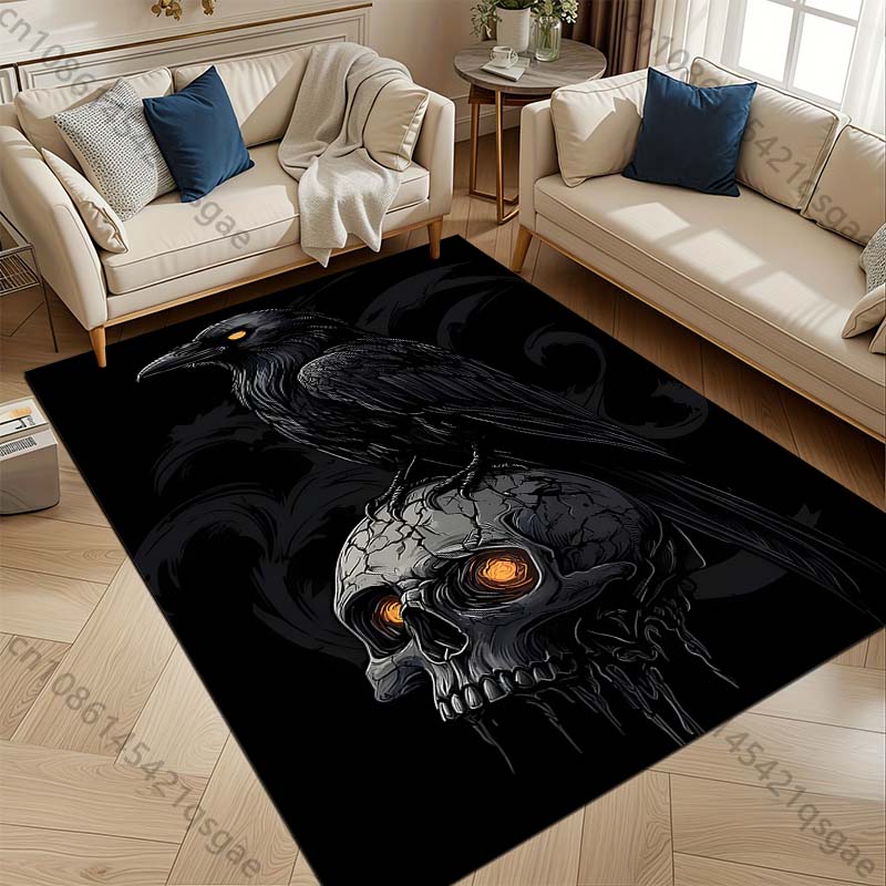 1PC Raven perched on glowing skull Print Carpet Rug for Living Room Bedroom Sofa Doormat Home Decor Non-slip Floor Mat
