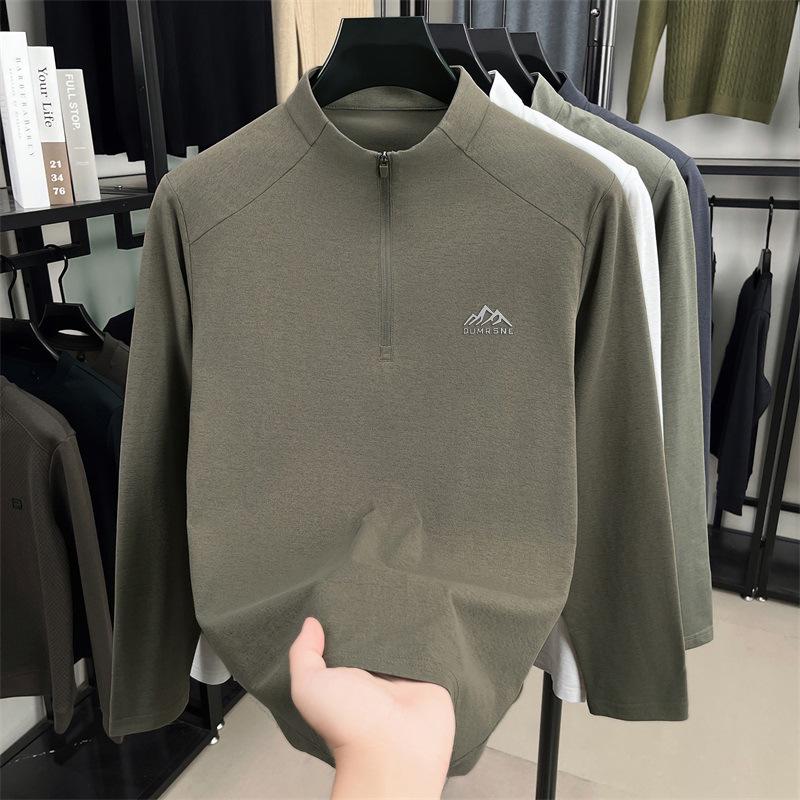 Men's 2025 Solid Color Stand Collar Zipper T-Shirt - Long Sleeve Casual Autumn Pullover