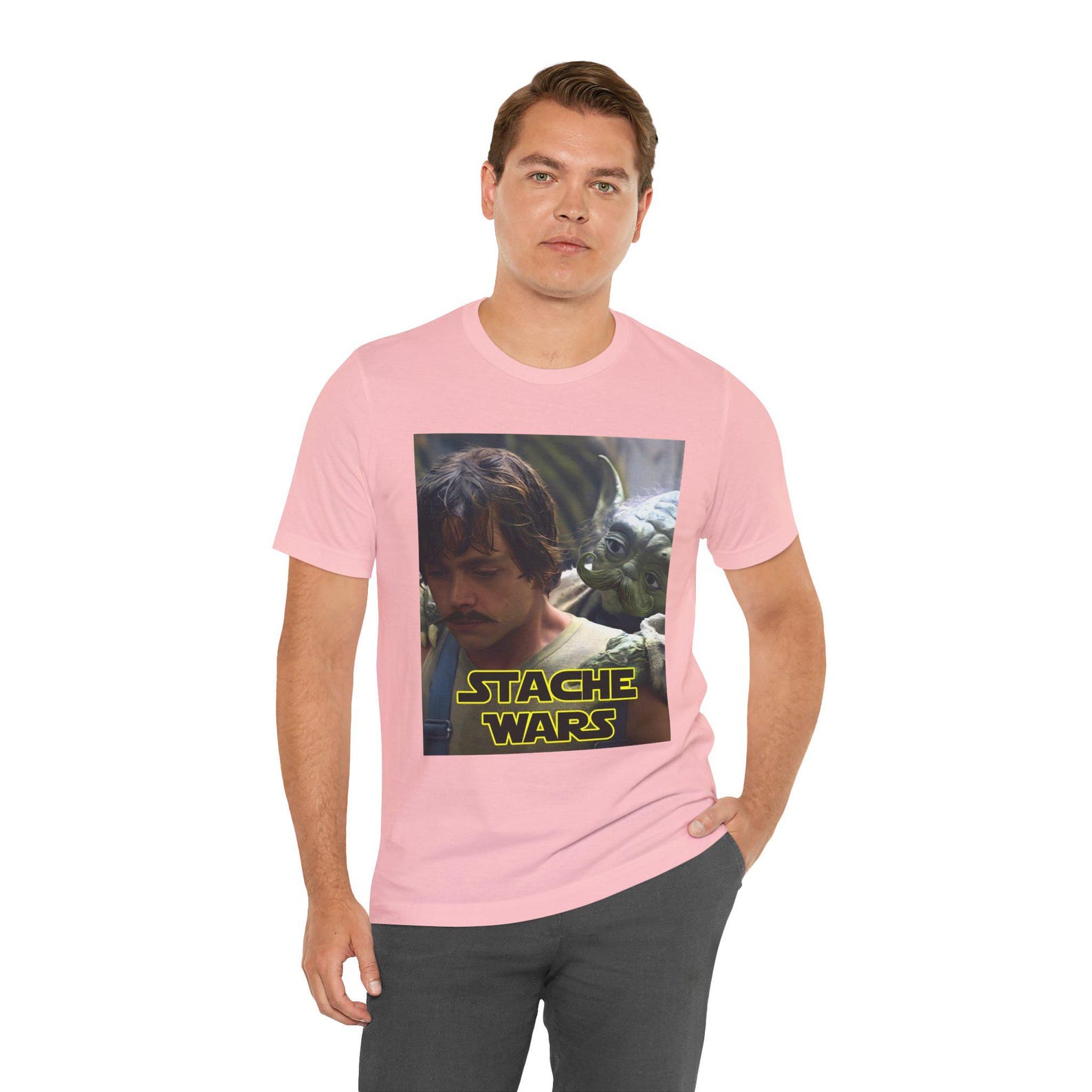 Stache Wars Inspired Funny Parody T-Shirt, Star Wars Mustache Parody Tee, Luke and Yoda Inspired Crossover Unisex Graphic Shirt XL