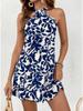 Halter Neck Flower Print Dress Lace Up Ruffle Edge Backless Dress Sleeveless Chiffon Dresses Causal Women Dress