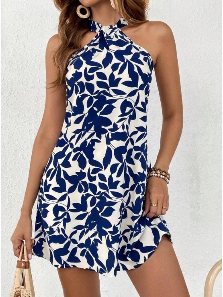 Halter Neck Flower Print Dress Lace Up Ruffle Edge Backless Dress Sleeveless Chiffon Dresses Causal Women Dress