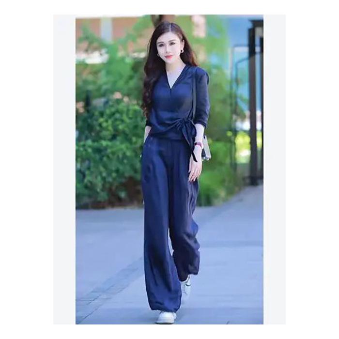 Women's 2025 Summer Fashion: Literary V-Neck Shirt & High-Waisted Wide-Leg Pants Set
