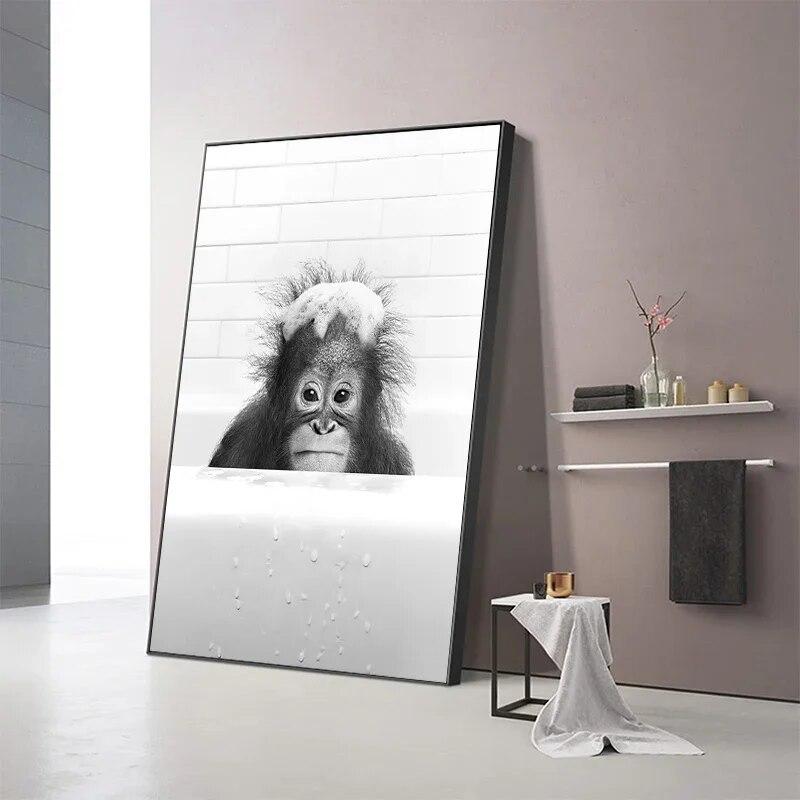 Black White Animals Elephant Penguin Giraffe In Tub Bathroom Wall Art Canvas Painting Posters and Prints Wall Picture Room Decor