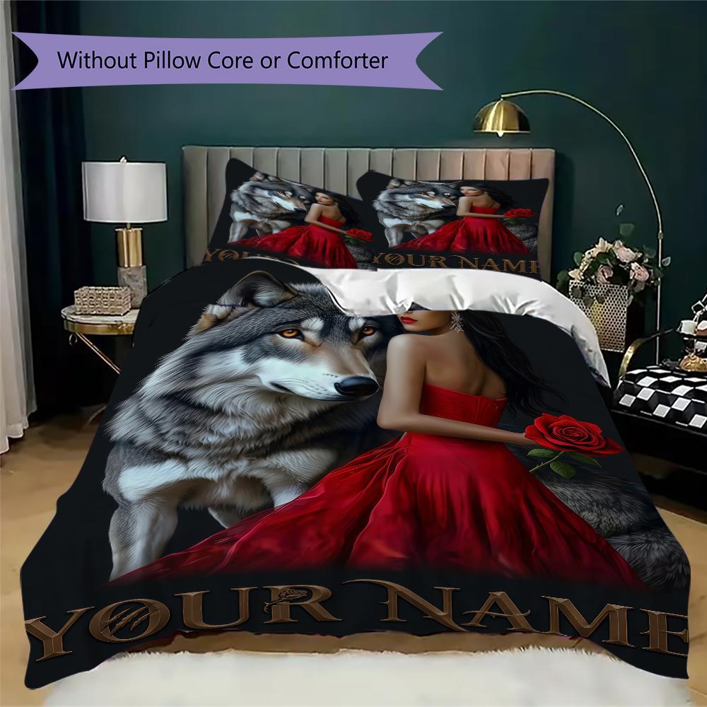 Custom Name Wolf Pack Moonlit Forest Bedding,Quilt Set Quilt Cover Pillowcase Home Birthday Gift(1 * duvet cover + 2 * pillowcase, without core)_lx