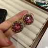 French Retro Rose Ruby Round Stud Earrings Autumn And Winter Brass Old Diamond Stud Earrings Premium Ear Jewelry