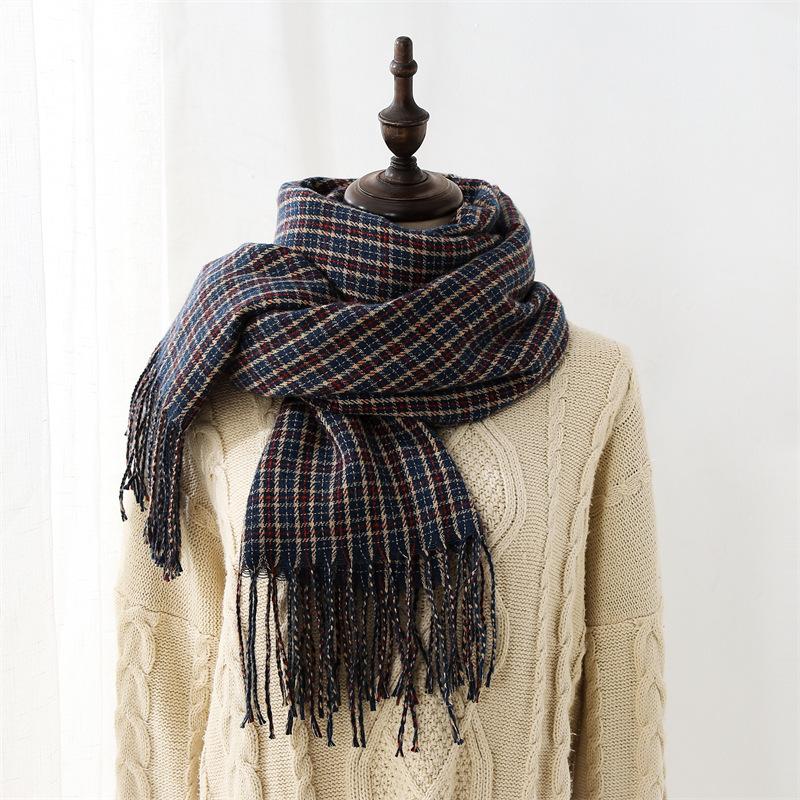 

Женский шарф с цветными блоками, теплая толстая шаль в клетку тёмно-синий