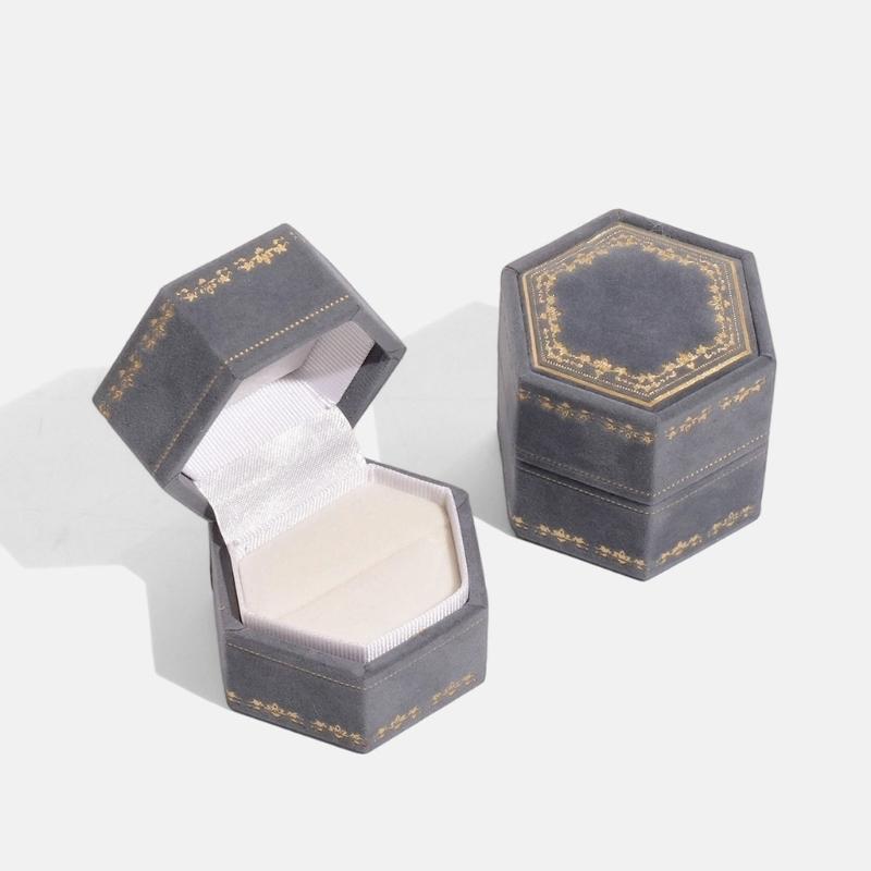 Hexagonal Ring Box with Gold-Tone Decorative Pattern, Velvety-Covered Case for Ring Storage and Gift Presentation