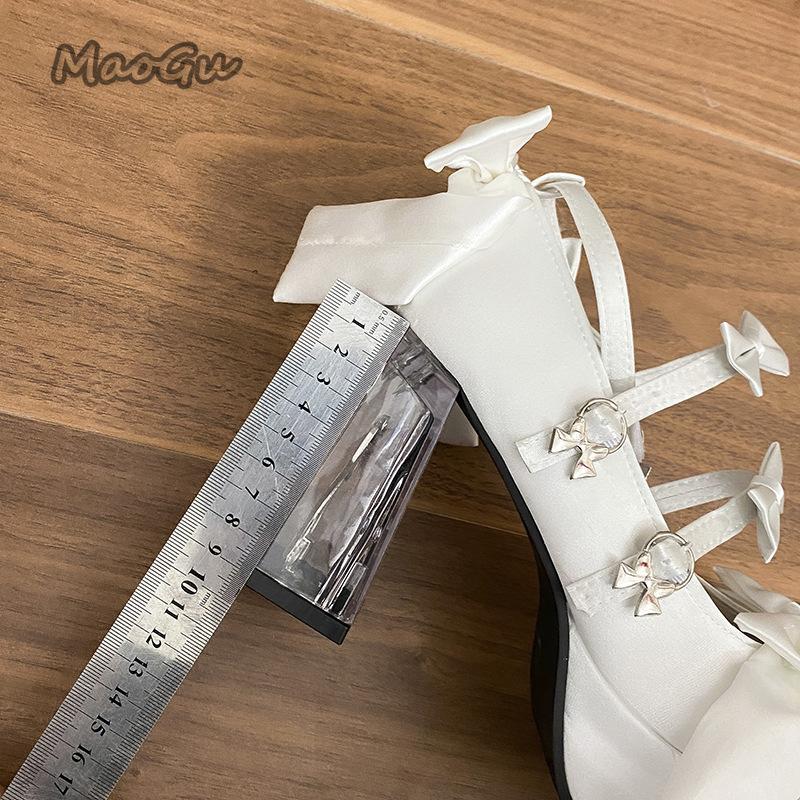 Fashion Elegant Woman Lolita Shoes Cute Sweet Satin High Heels Butterfly-knot Platform Transparent Chunky High Heel Pumps White Black 35