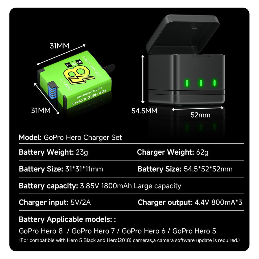 PALO 1800mAh Battery For GoPro Hero 8 7 6 5 Li-ion Battery Pack Motion Camera Battery Storage for GoPro Hero8 Rechargeable Batteries
