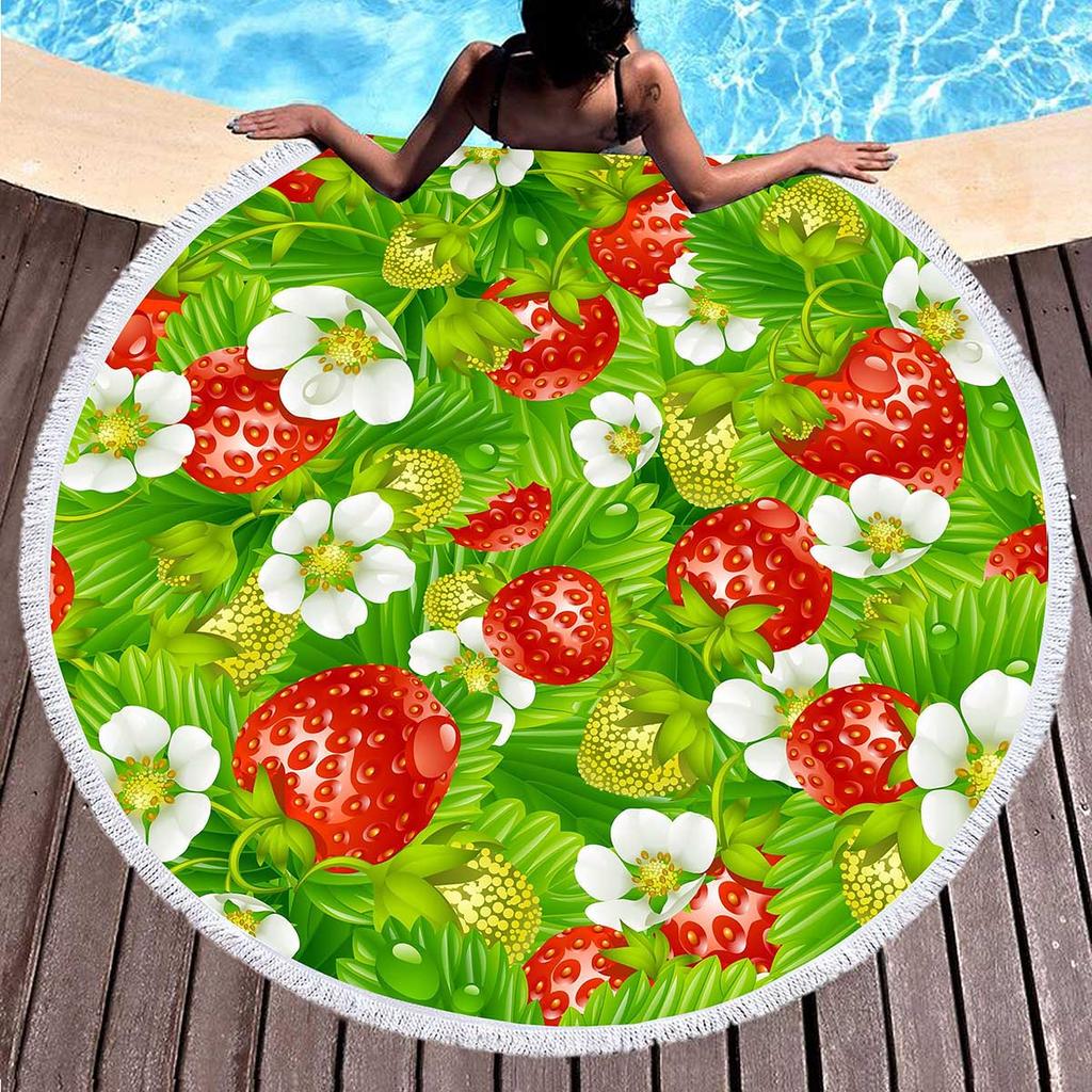 Sweet Cartoon Strawberry Round Beach Towel,Polyester Sand Resistant Beach Blanket,Soft Absorbent Quick Dry Pool Towel Picnic Mat